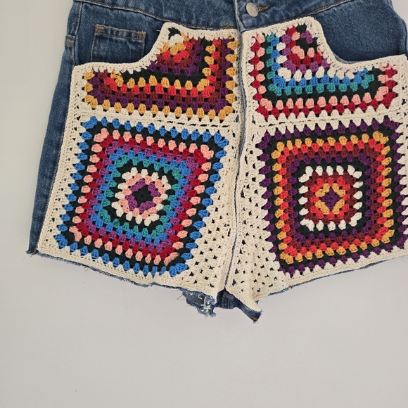 Farm Rio Multicolored High Rise Crochet Denim Shorts - Picture 3 of 6